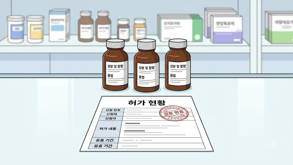 조제대 위 약병과 허가 서류