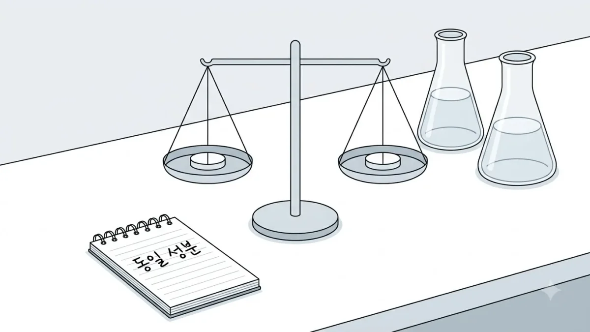 저울 양쪽에 놓인 알약과 비커