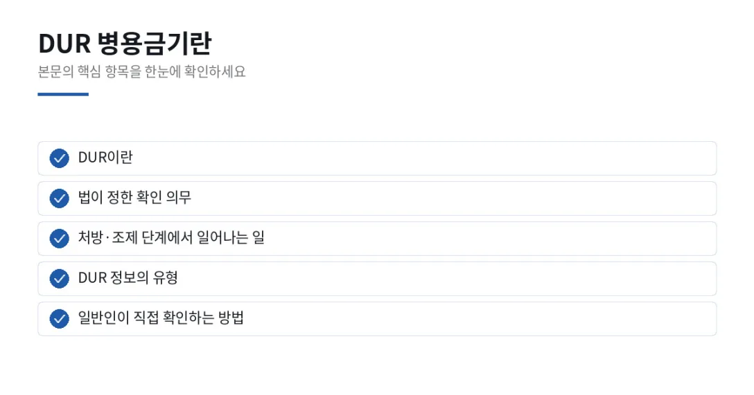 이 글에서 확인할 내용: DUR이란, 법이 정한 확인 의무, 처방·조제 단계에서 일어나는 일, DUR 정보의 유형, 일반인이 직접 확인하는 방법
