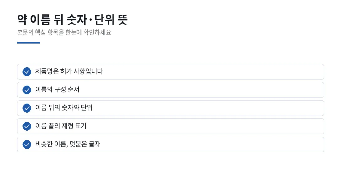 이 글에서 확인할 내용: 제품명은 허가 사항입니다, 이름의 구성 순서, 이름 뒤의 숫자와 단위, 이름 끝의 제형 표기, 비슷한 이름, 덧붙은 글자